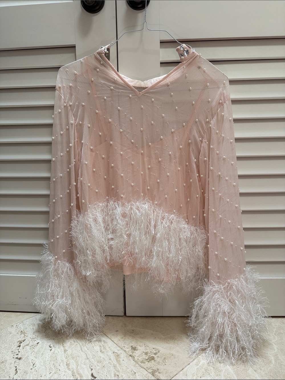 ASOS Blush Sheer Pearl-Embellished Top with Feather Trim - Picture 3 of 6